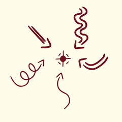 Fototapeta premium A set of five hand-drawn burgundy arrows in various styles—swirly, wavy, curved, and straight—all pointing toward a central target dot on a cream background.