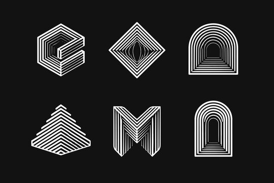 3D Geometric Optical Illusion Line Art Set - Modern Minimalist Vector Shapes