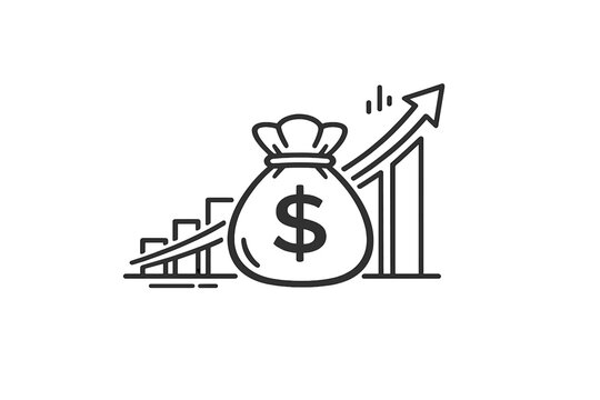 Minimalist Black and White Money Bag with Dollar Sign and Rising Arrow Graph &ndash; Vector Line Art Finance Icon