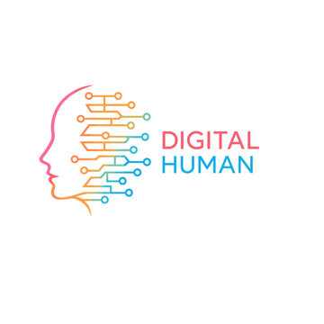 2D Gradient Line Art Digital Human Head with Circuit Connections, AI Technology Concept