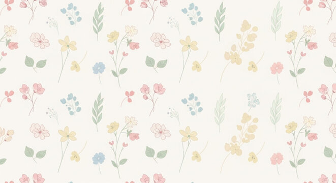 Delicate floral pattern with pastel flowers and leaves on white background for design and decoration