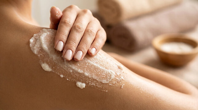 Woman applying exfoliating salt scrub paste on her bare shoulder
