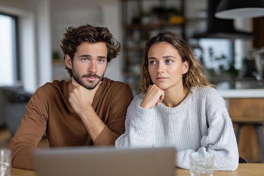 Contemplative discussion between a young man and woman at a wooden table in a bright, modern interior