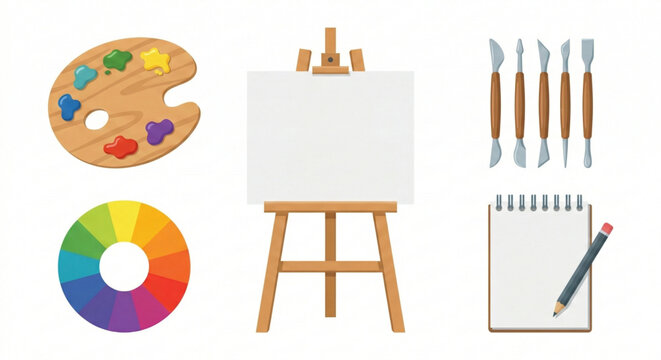 Artistic tools and supplies including a painter's palette, color wheel, easel, carving tools, and sketchbook with pencil
