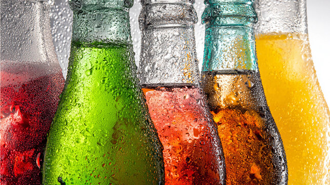 Refreshing group of bottled beverages including soda juice and sparkling water with cool condensation droplets