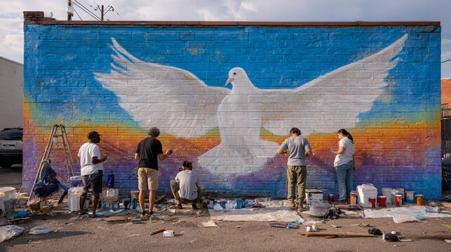 Diverse group of artists collaboratively painting a vibrant community mural celebrating peace and equality together
