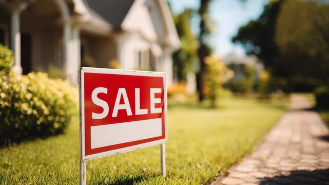 Real estate sale sign in front of a beautiful house