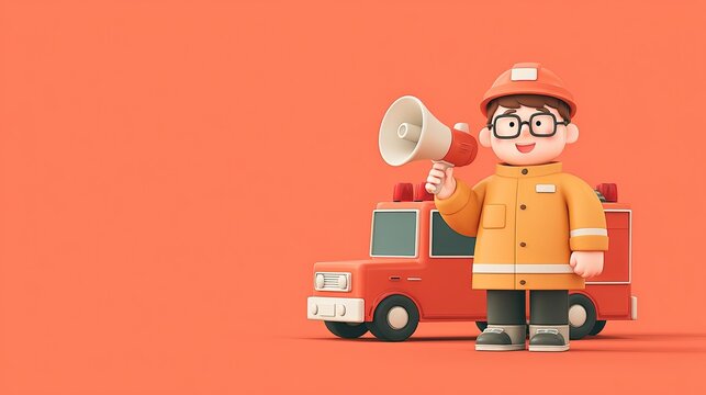 3d illustration of a cute firefighter character wearing a helmet and uniform, holding a megaphone, standing in front of a toy fire truck, orange background