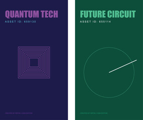 Fototapeta premium Quantum Tech and Future Circuit abstract posters, minimalist geometric vector illustrations, dark purple and green technology background set