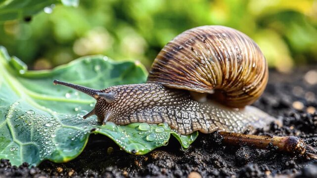 Close up of a garden snail crawling on a wet green leaf.