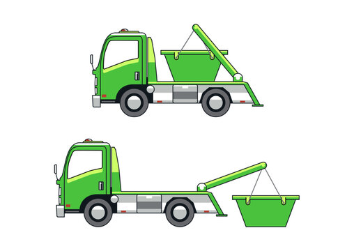 Cantilever skip truck. Side view of two skip trucks. Flat vector.	