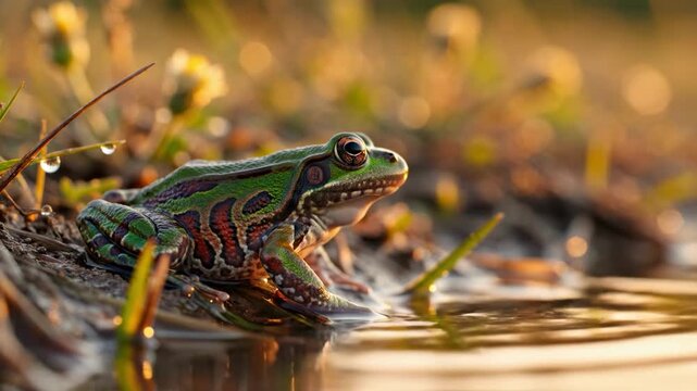 A vibrant green frog with striking patterns sits serenely by a pond, surrounded by lush vegetation and warm sunlight, evoking a sense of tranquility a