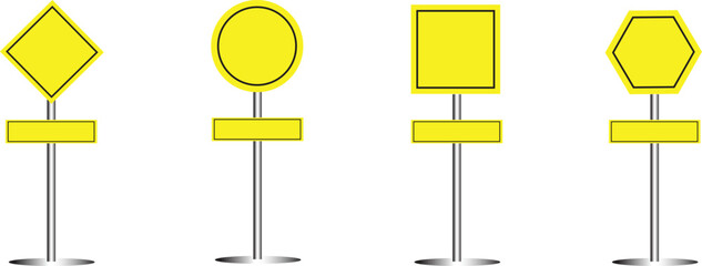 Fototapeta premium Set of yellow traffic signs with warning symbols and directional road sign elements isolated on background