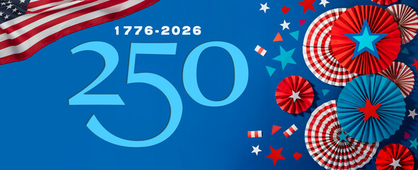 Fototapeta premium USA 250 anniversary greeting card . Fourth of July design with patriotic decor . American Independence celebration layout 4 th of july.