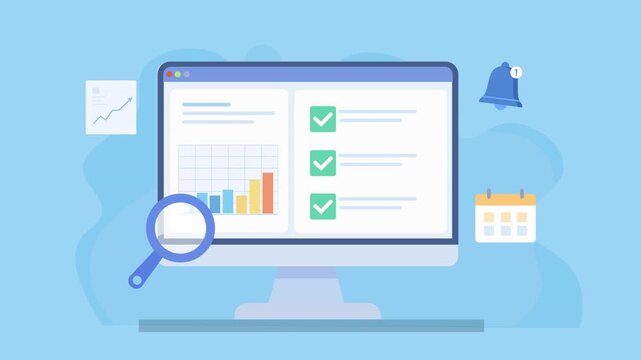 Flat animated video of a desktop monitor displaying a checklist dashboard with charts, search magnifier, notification bell, and calendar icon, representing alerts, scheduling, and task tracking.