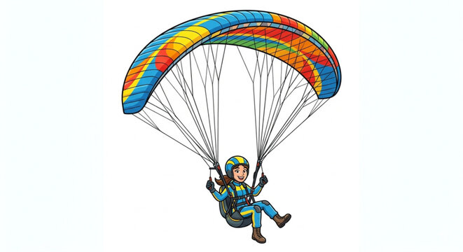 Cartoon character man flying with colorful paraglider isolated on white background