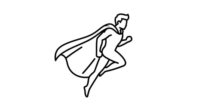Superhero running with cape, dynamic outline illustration, white background