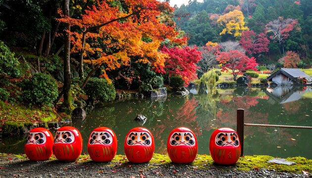 Daruma Dolls in Autumn Landscape with Colorful Foliage.