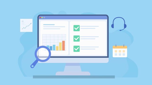 Flat animated video of a desktop monitor displaying a checklist dashboard with charts, search magnifier, and support icons including email, headset, and calendar, representing customer service and tas