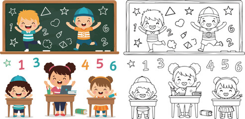 Fototapeta premium black board doodle school vector illustration of children learning kid color book