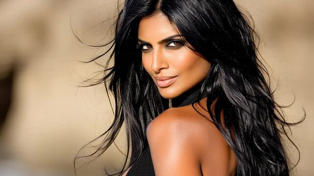 Stunning portrait of a beautiful Indian woman with long dark hair and captivating eyes looking directly at the camera in a dramatic high-fashion studio setting
