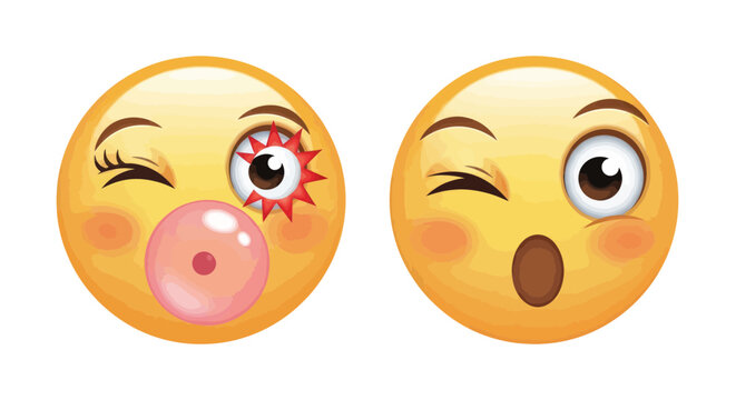 Funny Emoticons Winking and Blowing Bubble Gum, Surprised Face Emoji