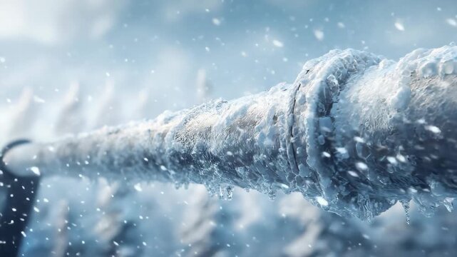Frozen rope with snow, representing cold season. The rope is covered in a thick layer of ice, creating a stunning visual. The image evokes a sense of winter and the beauty of natural elements