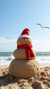 Christmas-themed sandman on a beach, wearing a Santa hat and scarf. The scene also features two seagulls flying overhead.