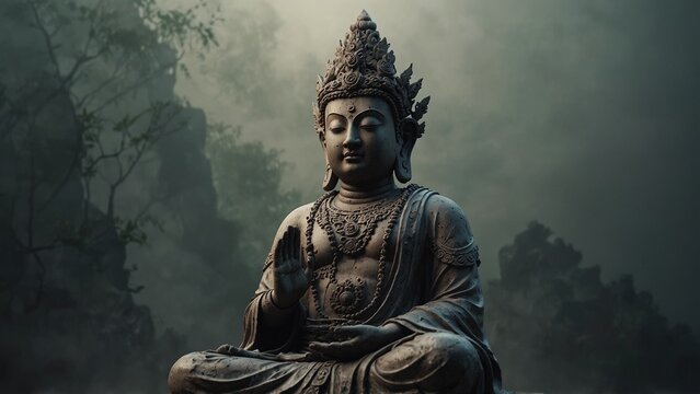 Generative AI illustration: statue of sitting in the middle of forest with detailed texture