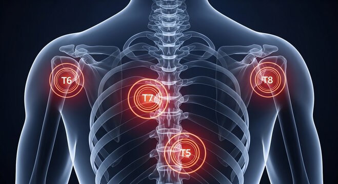 Anatomical illustration of a human torso highlighting areas of pain or discomfort in the upper back and shoulders.
