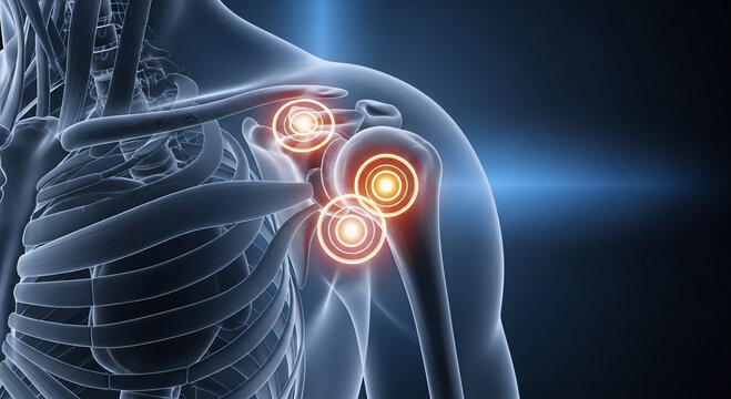 Anatomical illustration of a human shoulder joint highlighting areas of inflammation and pain with glowing red circles.