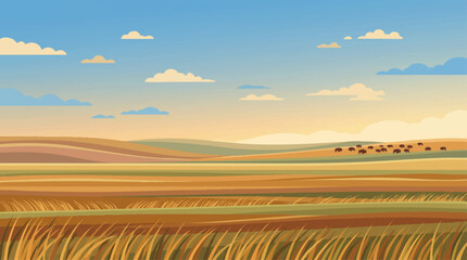 Fototapeta premium Serene landscape of rolling fields under a bright sky Vector, illustration
