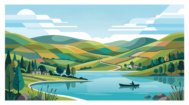 Serene landscape with lakeside house and rolling hills Vector, illustration