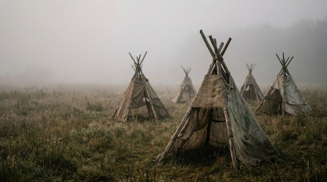 Several traditional tipis stand in a misty, overgrown field at dawn, creating a serene and ancient atmosphere with muted earth tones.