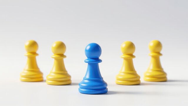 Blue Chess Pawn Surrounded by Four Yellow Pawns Isolated on White Background