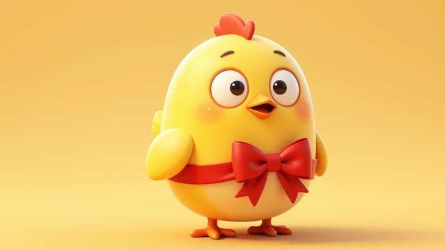 Cute Yellow Chick Character with Red Bow Holding an Easter Egg