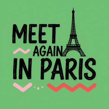 Meet Again in Paris Text with Eiffel Tower Illustration on Green Background