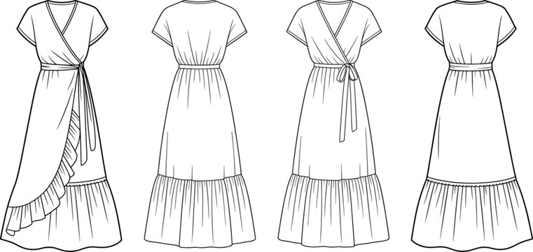 Elegant wrap maxi dress set, ruffle hem summer outfit collection, front and back fashion line drawings, feminine apparel design &ndash; vector illustration