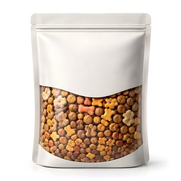 White stand-up pouch mockup with a clear window filled with colorful dry pet food kibble isolated on white background