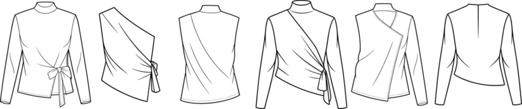 Asymmetrical wrap top collection with tie waist detail, modern long sleeve womenswear set, elegant fashion line drawing views &ndash; vector illustration