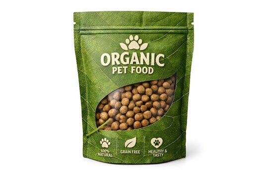 Organic pet food in a green stand-up pouch with a leaf-shaped window showing the kibble isolated on white background