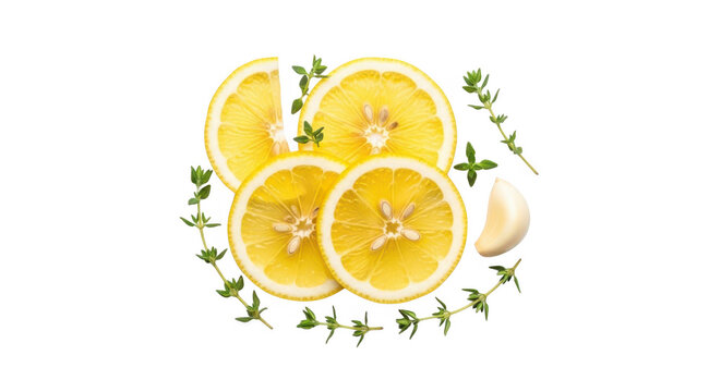 Lemon slices with thyme and garlic, fresh ingredients, isolated on transparent background
