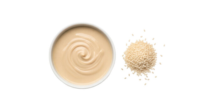 Sesame tahini sauce in bowl with sesame seeds isolated on transparent background