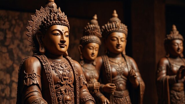 Modern design featuring group of wooden statues sitting next to each other statues - Generative AI