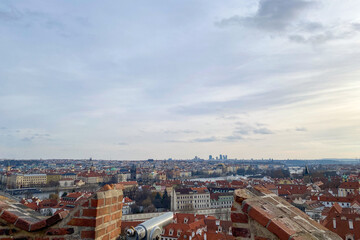 Fototapeta premium Panorama, above and aerial view of Prague, roof, buildings, architecture and the city of Prague, Czechia