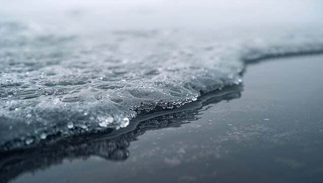Close Up of Melting Ice and Water on Surface in Natural Light