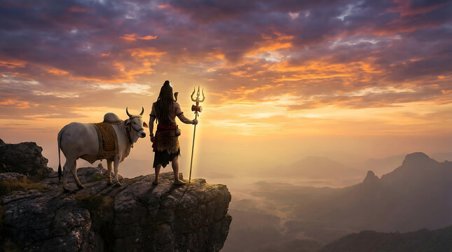 Lord Shiva rear view deity illustration with trident and Nandi used for spiritual artwork devotional decor and peaceful solitude concept background wallpaper