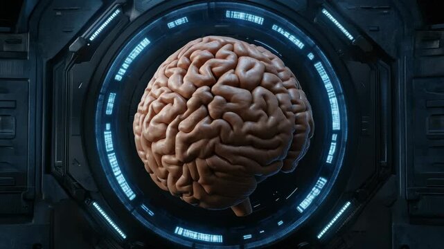 Futuristic brain scan chamber with hightech rotating neural display