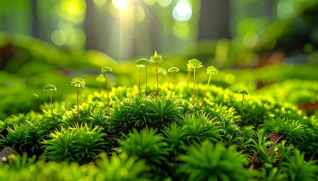 Lush Green Moss and Tiny Plants in a Forest Environment.