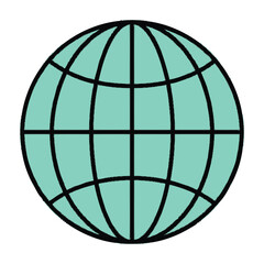 Obraz premium Teal globe icon with black grid lines on white background symbolizing global connection and earth